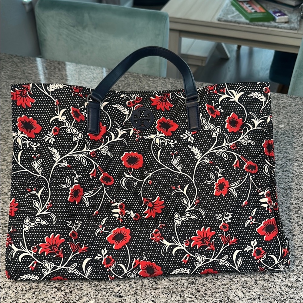Tory Burch Nylon Navy and Red Floral Tote
